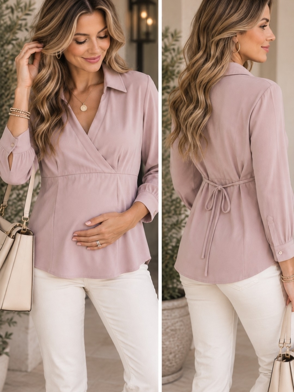 Motherhood Maternity Blush Pink Mauve Wrap Blouse Long Sleeve Tie Back Top XL